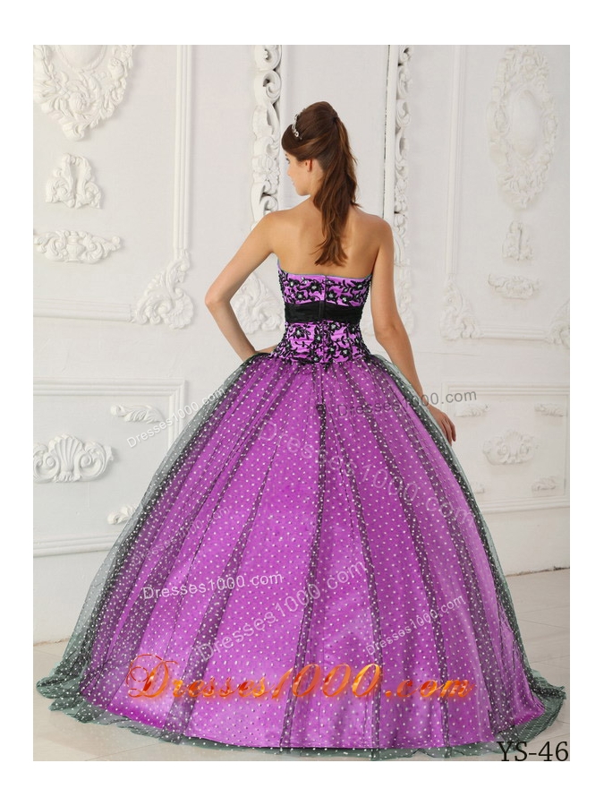 Princess Strapless Tulle Beading and Appliques for Black and Lilac Quinceanera Dress