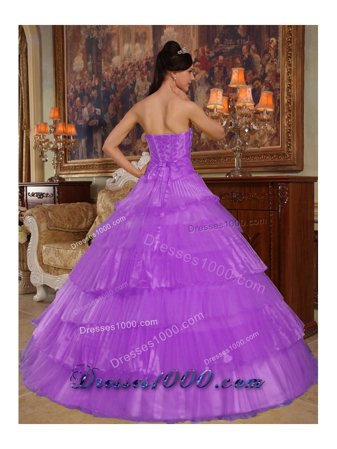 Purple Ball Gown Strapless Appliques Quinceneara Dresses with Ruffled Layers