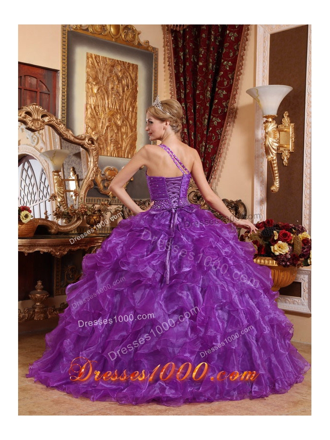 Purple One Shoulder Organza Quinceanera Gowns with Beading and Ruffles