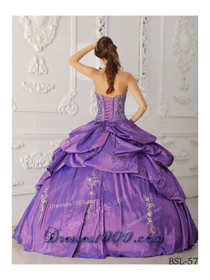 Purple Strapless Embroidery and Beading Pick-ups Quinceanera Dress
