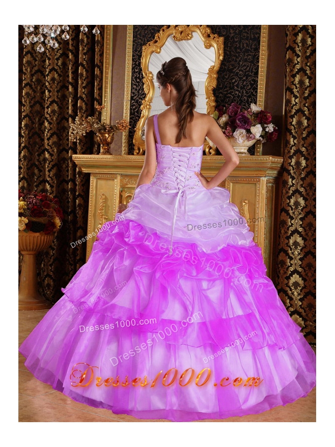 Romantic One Shoulder Appliques with Beading Pick-ups Dress For Quinceaneras
