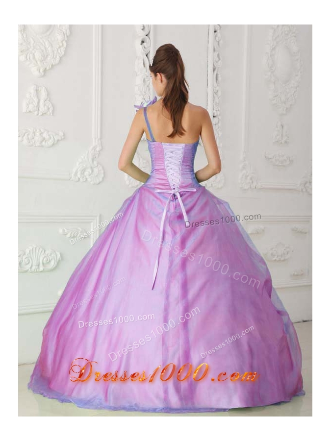 Rose Pink Ball Gown One Shoulder Floor-length Organza Beading and Hand Flower Quinceanera Dress