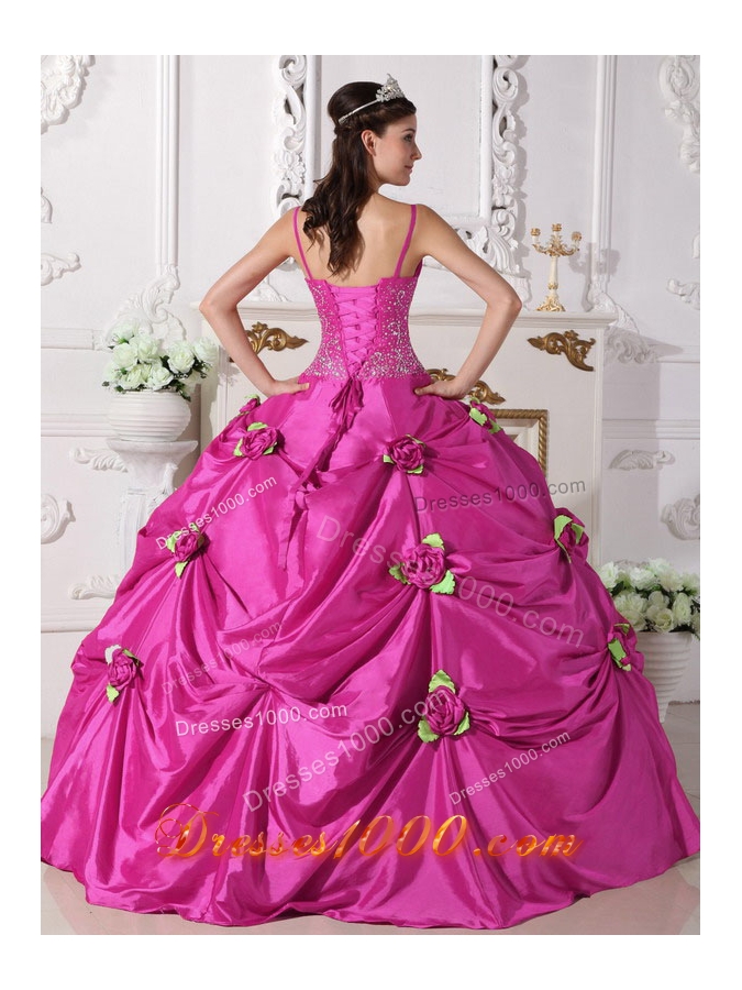 Spaghetti Straps Taffeta Quinceanera Gown with Beading and Hand Made Flowers