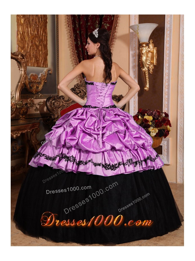 Strapless Appliques and Pick-ups for Lilac and Black Quinceanera Gowns Dress
