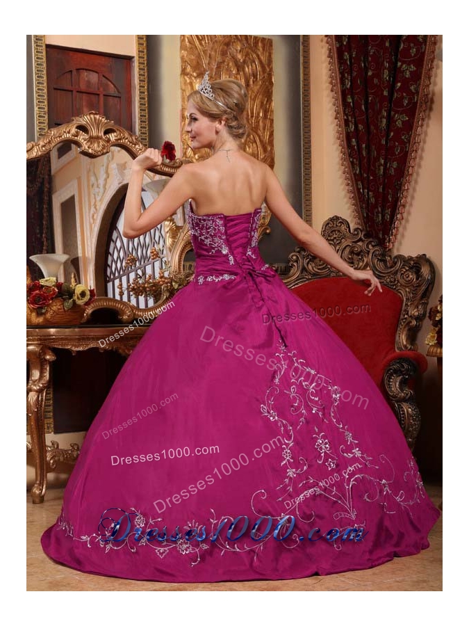 Strapless Fuchsia Satin Quinceanera Dress with White Embroidery