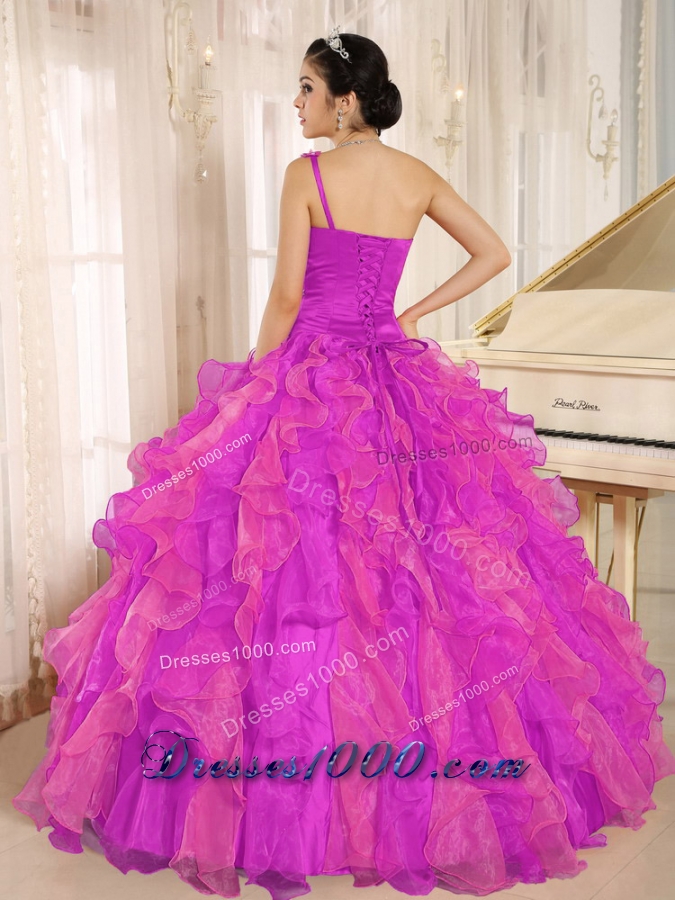 Fuchsia One Shoulder Beaded Decorate and Ruffles Quinceanera Dress for 2014