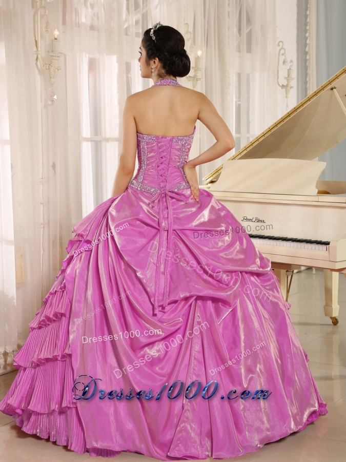 Halter Pleat Lilac Quinceneara Dresses with Beading and Layers