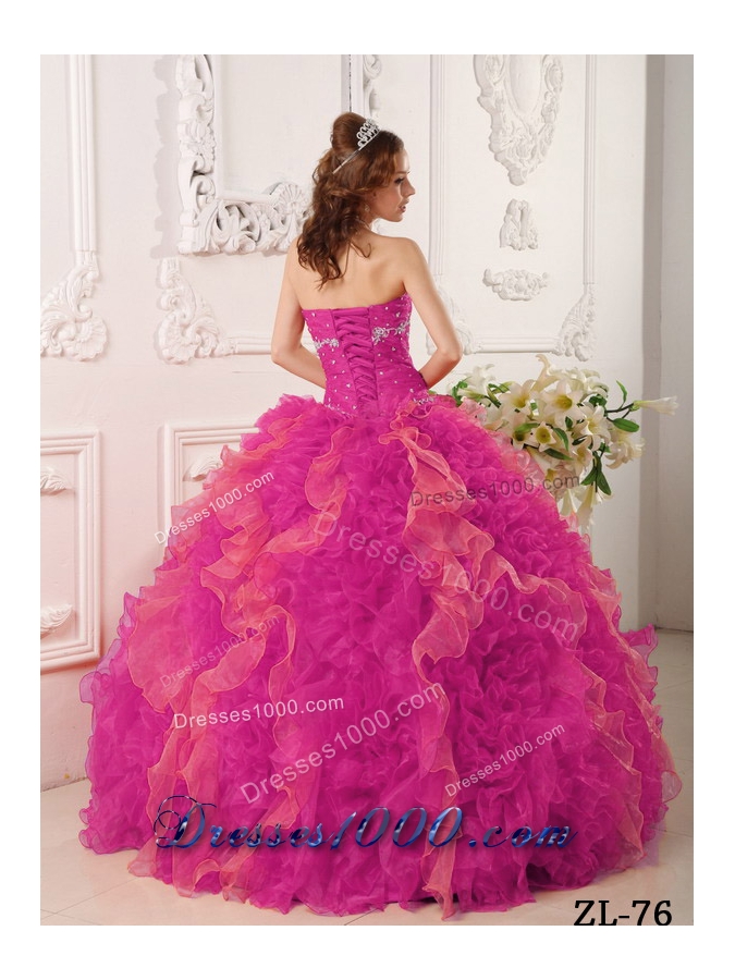 Hot Pink Ball Gown Sweetheart Floor-length Organza Appliques and Beading Quinceanera Dress