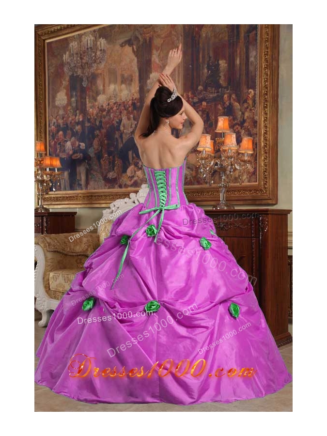 Lavender Ball Gown Strapless Beading and Hand Made Flowers Quinceanera Dress