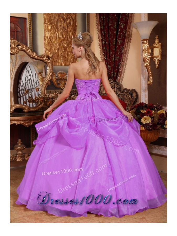 Lilac Sweetheart Organza Appliques Quinceanera Gowns with Pick-ups