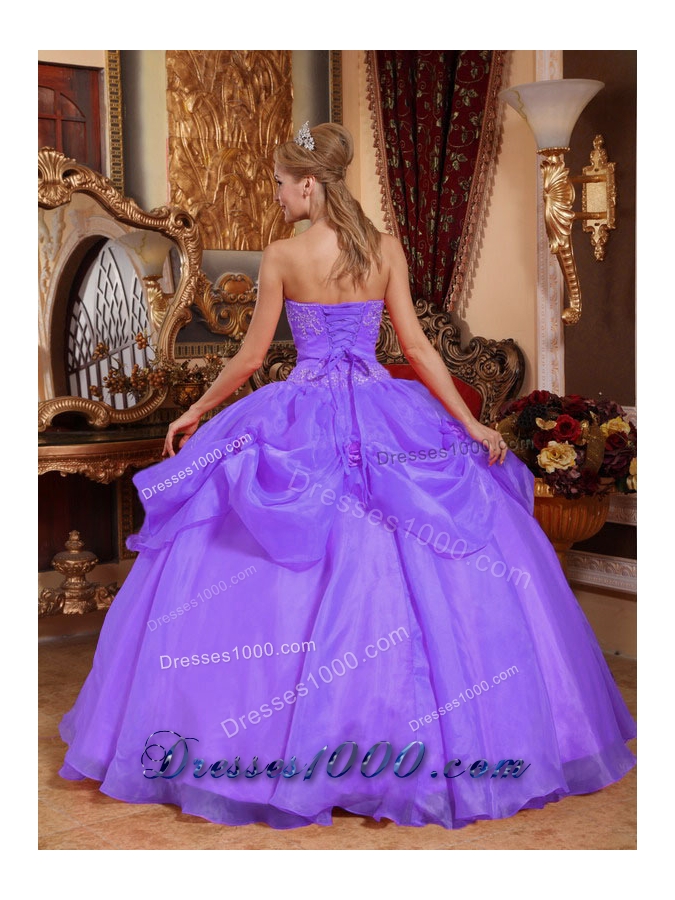 Lilac Sweetheart Organza Quinceneara Dresses with Pick-ups and Appliques