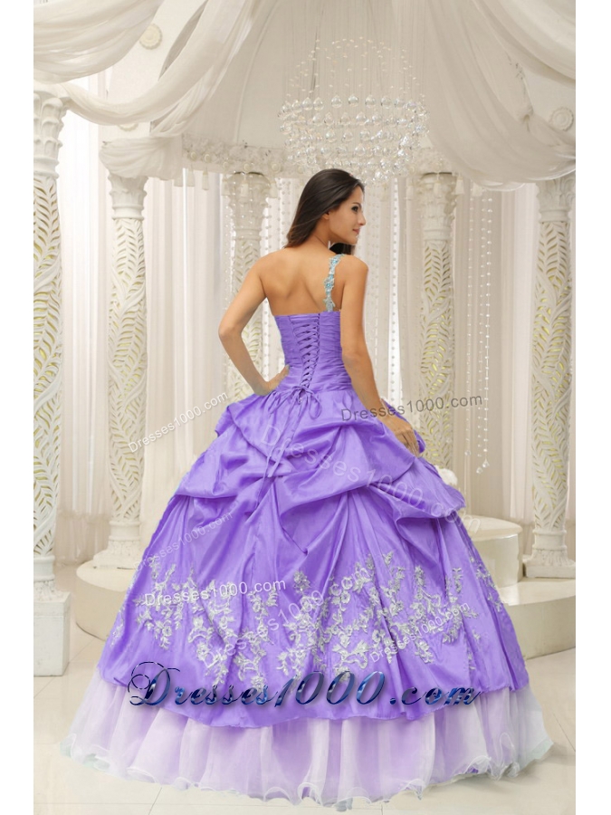 One Shoulder Appliques Decorate Quinceanera Dress With Organza