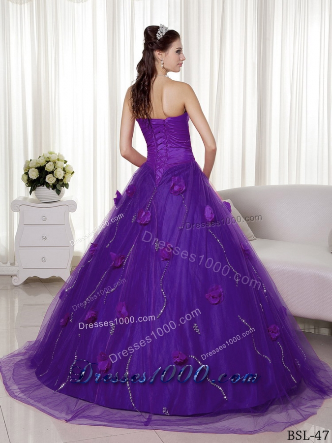 Princess Sweetheart Eggplant Purple Quinceanera Dresses with Hand Made Flowers