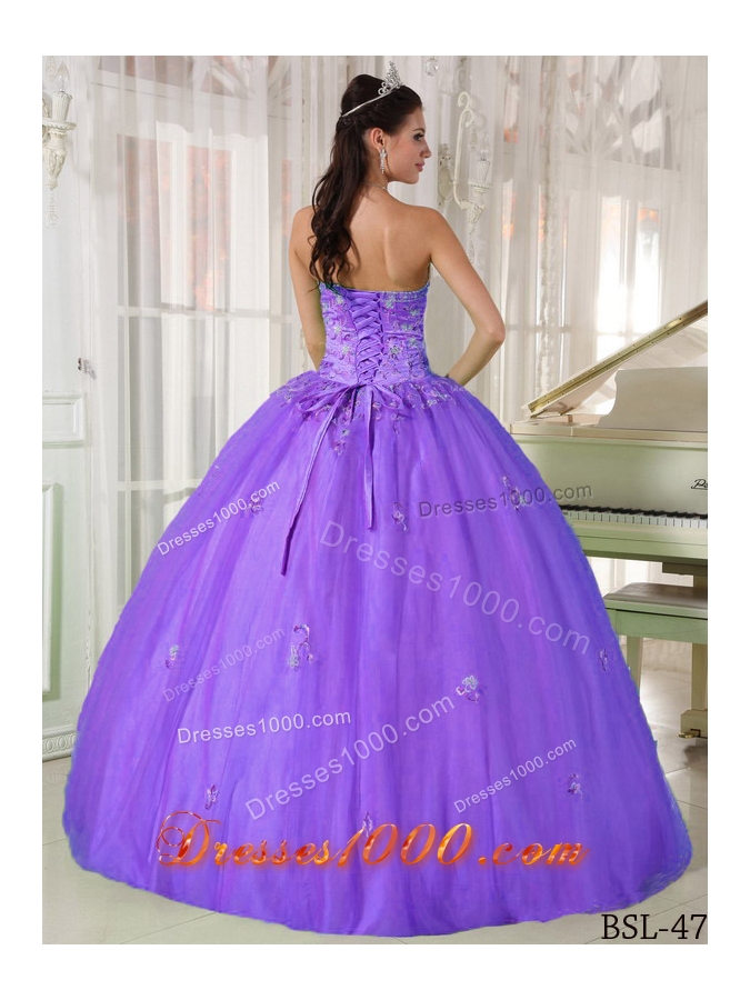 Purple Ball Gown Strapless Appliques Dresses For a Quince