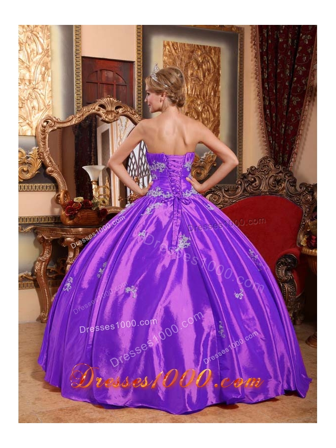 Purple Strapless Taffeta Quinceneara Dresses with Appliques