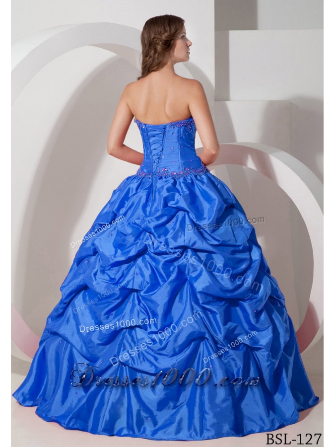 2014 Beautiful Blue Puffy Strapless Appliques Quinceanera Dress with Pick-ups