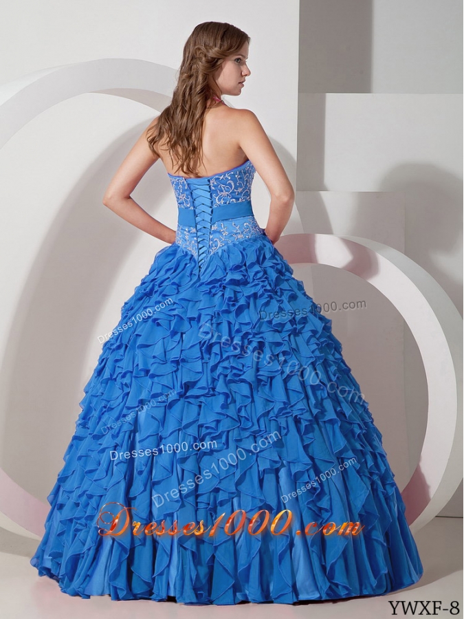 2014 Blue Puffy Halter Ruffles Quinceanera Dress with Bow