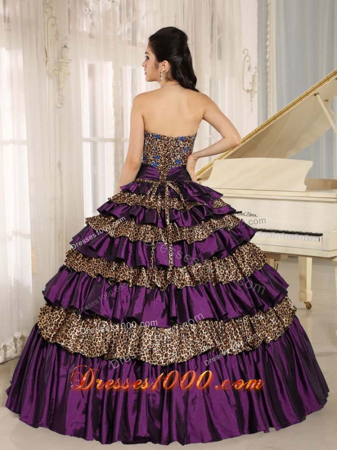 2014 Purple Leopard Ruffled Layers and Appliques With Beading Quinceanera Dress