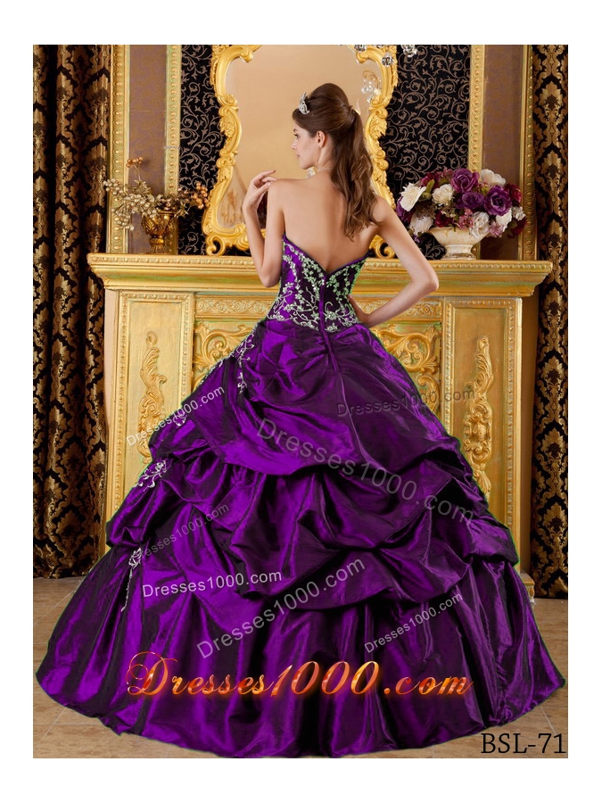 Eggplant Purple Ball Gown Sweetheart Quinceanera Dress with Appliques and Pick-ups