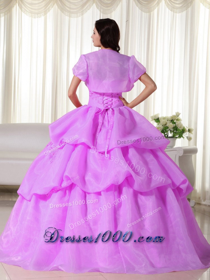 Lilac Ball Gown Strapless Organza Quinceanera Gowns with Hand Made Flowers