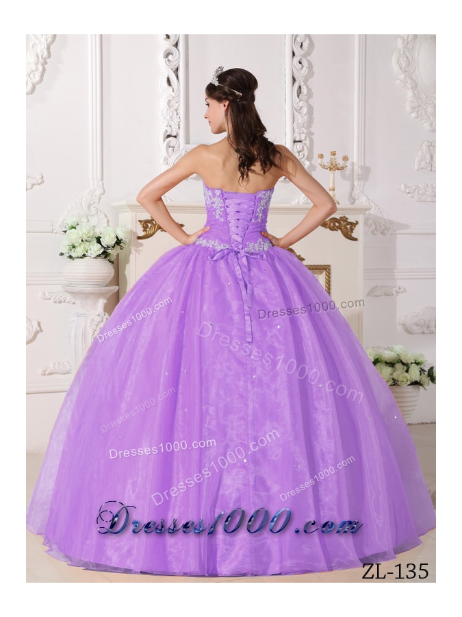 Lilac Ball Gown Strapless Organza Quinceaneras Dress with Appliques
