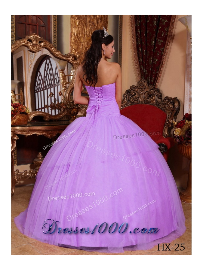Lilac Ball Gown Strapless Tulle Quinceanera Gowns with Appliques and Beading