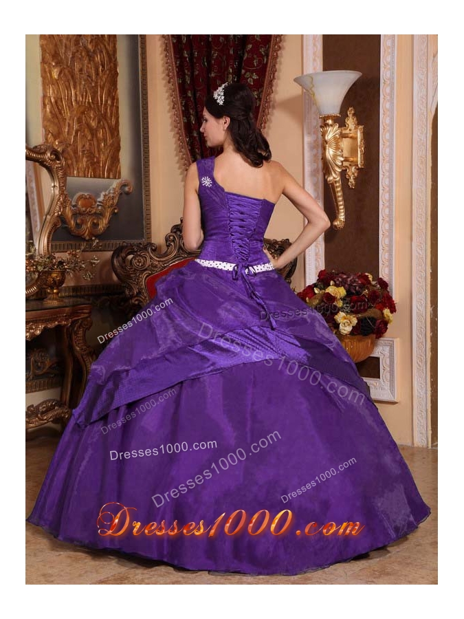 Purple Ball Gown One Shoulder Quinceanera Dress with Beading and Hand Made Flower