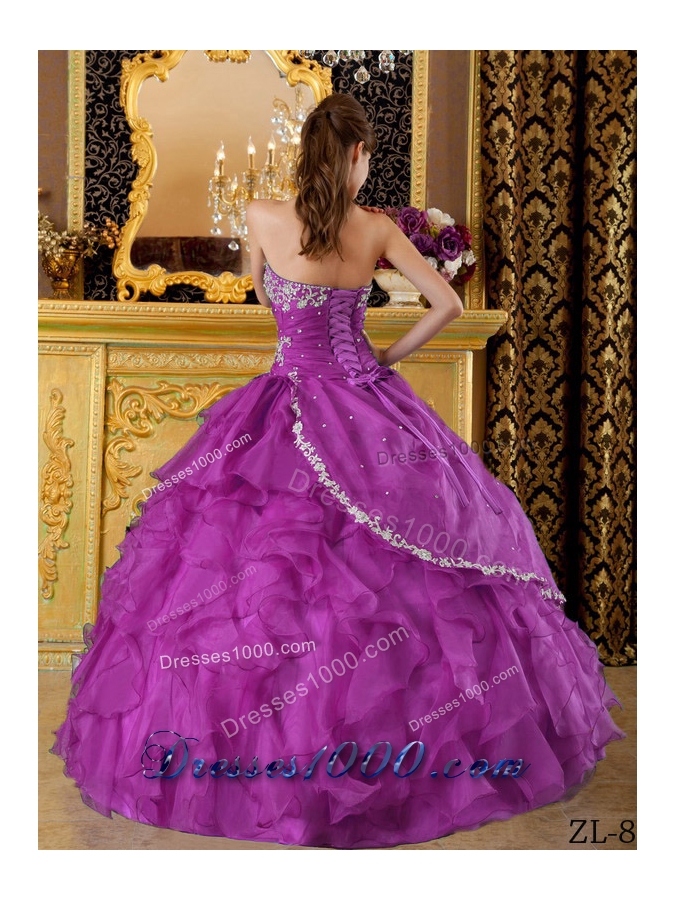 Purple Ball Gown Strapless Organza Appliques Quinceanera Dresses Gowns with Ruffles