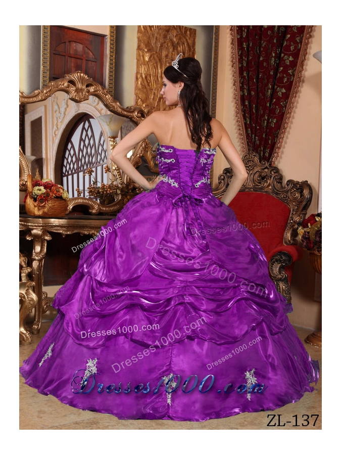 Purple Ball Gown Strapless Quinceanera Dress with Appliques and Pick-ups
