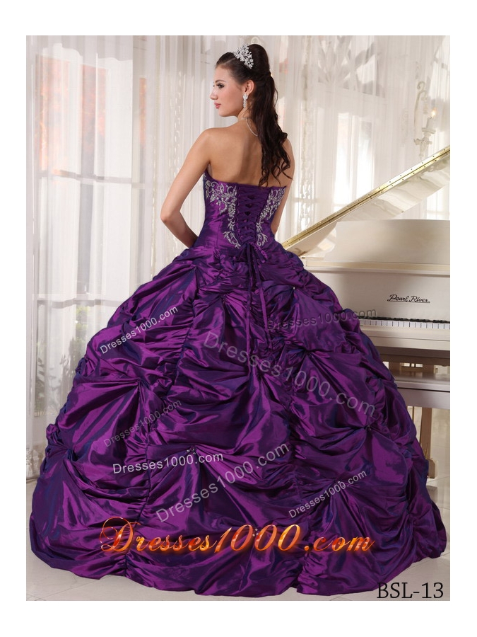 Purple Ball Gown Strapless Quinceanera Dress with Pick-ups and Embroidery