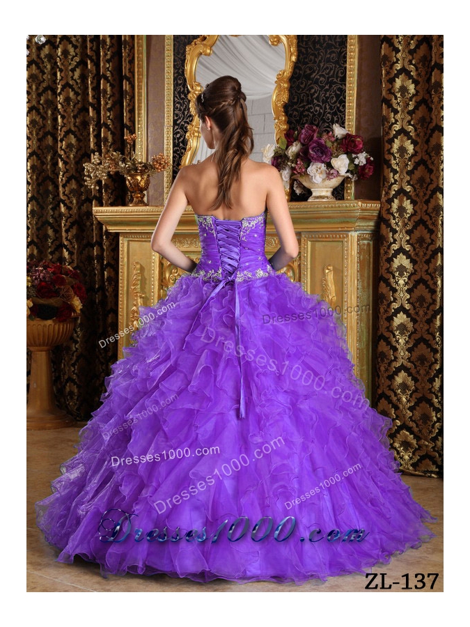 Purple Ball Gown Sweetheart Quinceanera Dress with Ruffles Organza