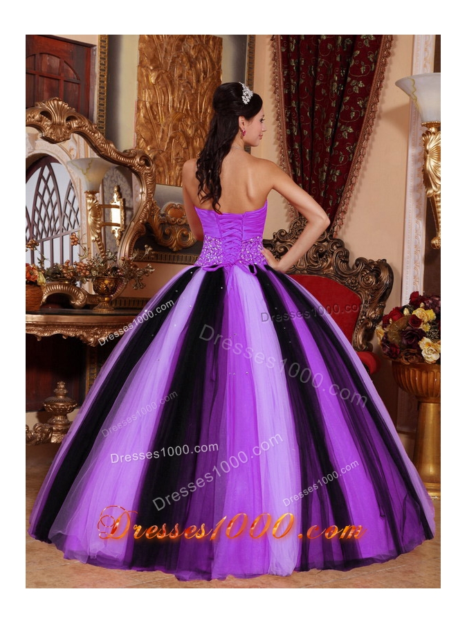 Sweetheart Tulle Lilac and Black Quinceaneras Dress with Beading