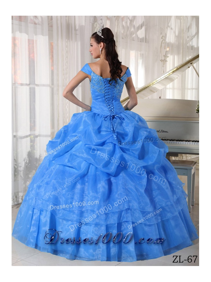 2014 Blue Puffy Off The Shoulder Beading Quinceanera Dress with Pick-ups