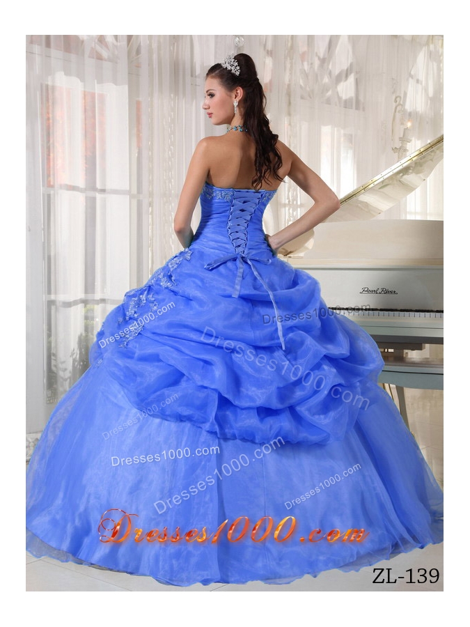 2014 Exclusive Blue Puffy Strapless Appliques Quinceanera Dress with Pick-ups