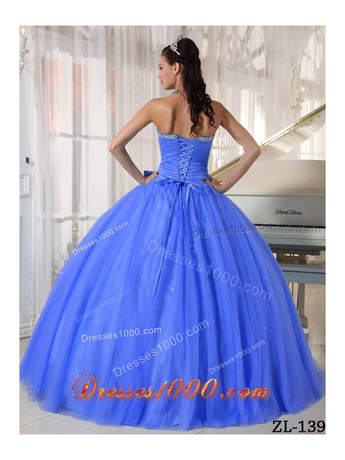 2014 Gorgeous Blue Puffy Sweetheart Quinceanera Dress with Beading and Bowknot