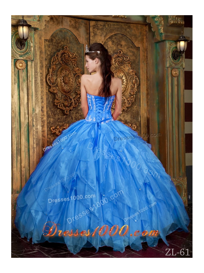2014 Gorgeous Puffy Strapless in Blue Appliques Quinceanera Dress with Ruffles