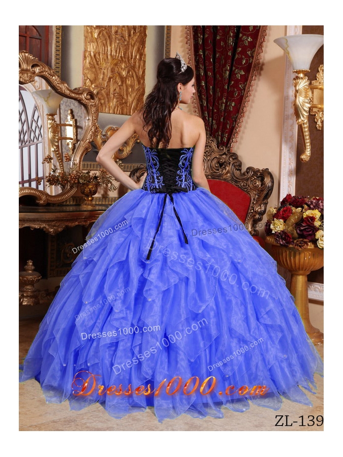 2014 Royal Blue Puffy Sweetheart Embroidery Quinceanera Dress with Ruffles
