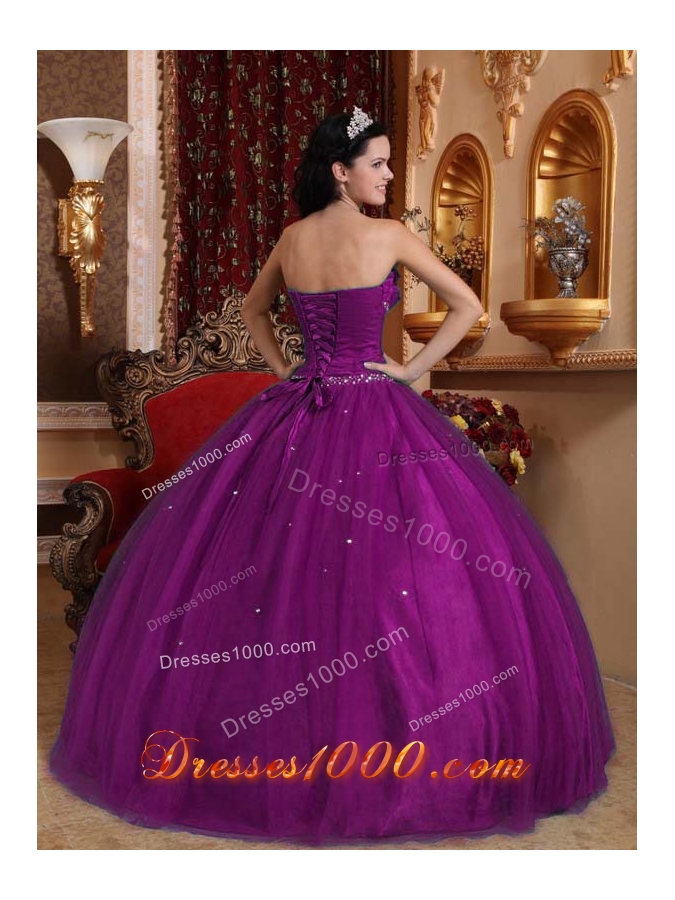 Elegant Eggplant Purple Puffy Sweetheart with Hand Made Flower Beading for 2014 Quinceanera Dress