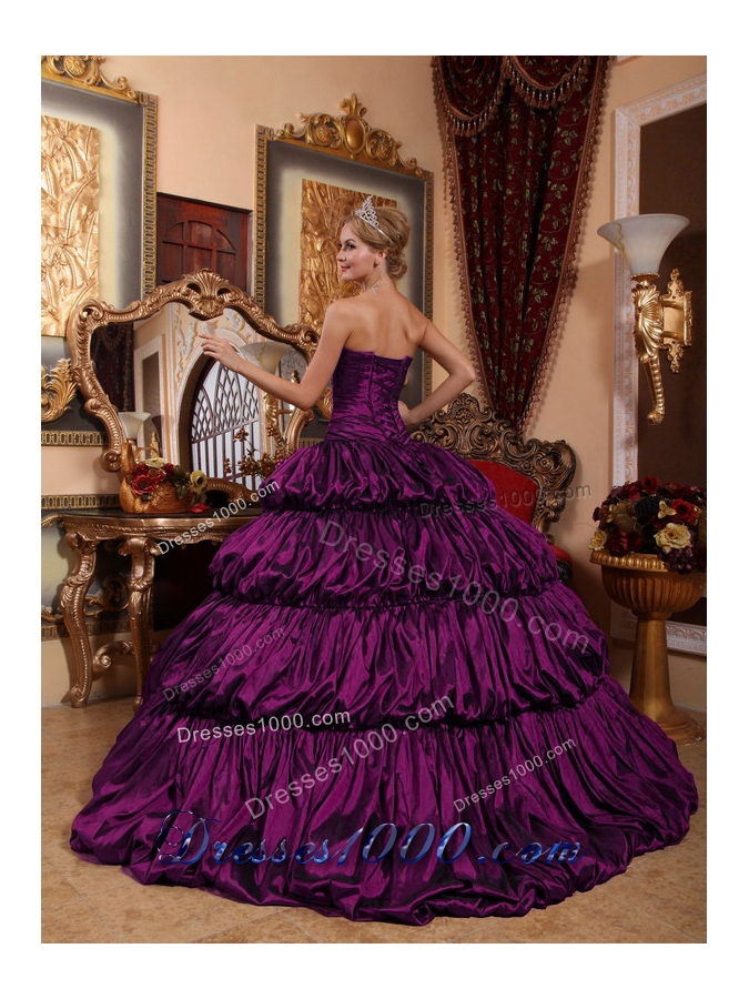 New Style Eggplant Purple Chapel Train with Appliques and Pick-ups Quinceanera Dress for 2014