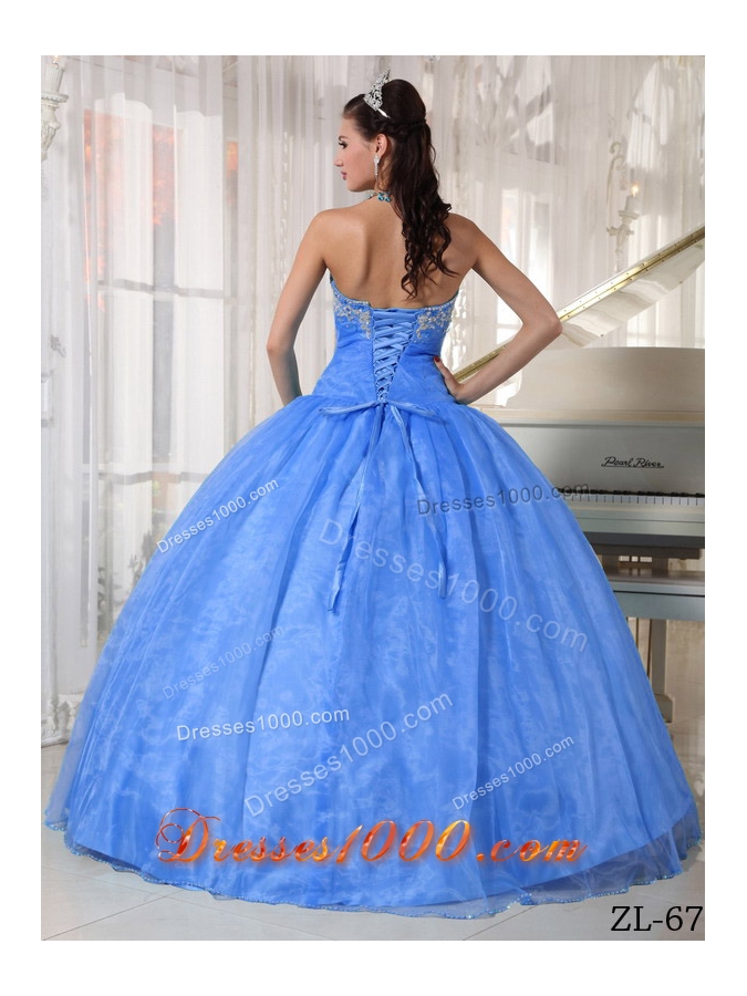 Perfect Baby Blue Sweetheart Puffy Appliques Quinceanera Dress with Beading For 2014