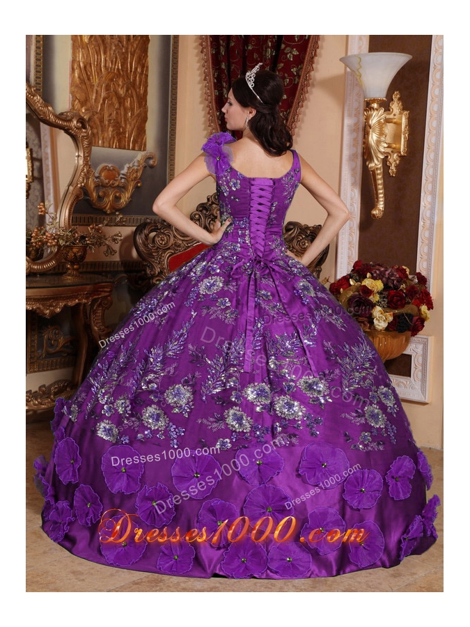 Perfect Purple Puffy V-neck with Beading and Appliques for 2014 Quinceanera Dress