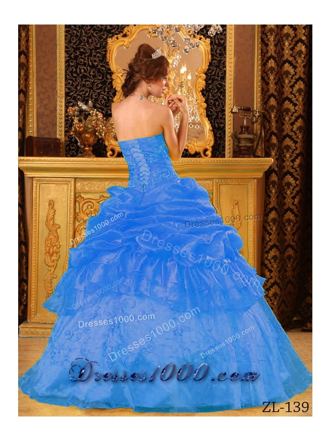 2014 Cute Blue Puffy Strapless Appliques Quinceanera Dress with Beading