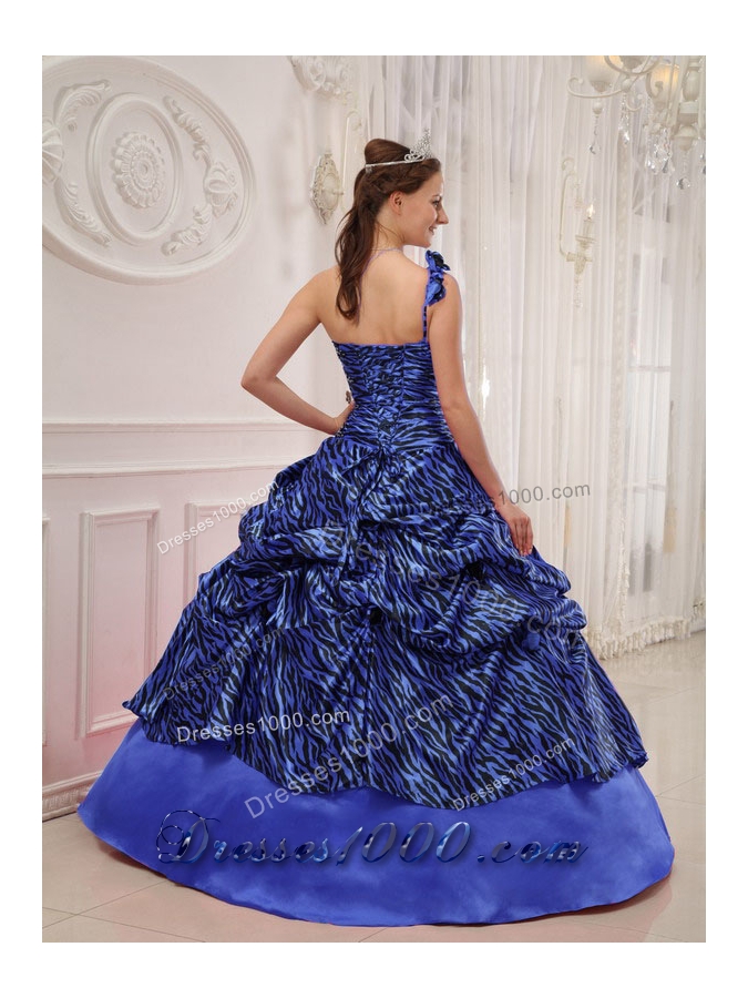 2014 Affordable Blue Puffy One Shoulder Quinceanera Dress with Pick-ups and Appliques