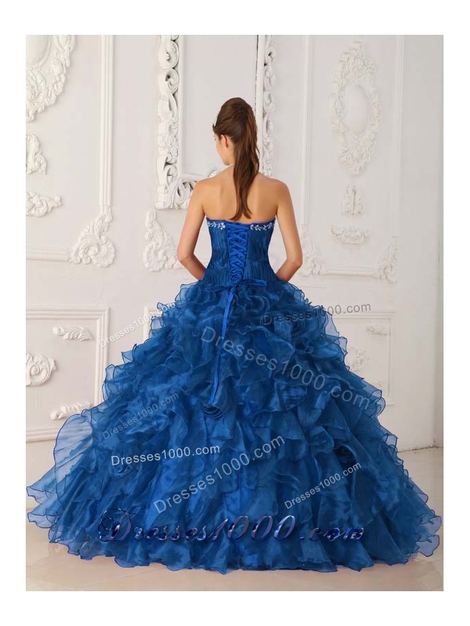 2014 Beautiful Blue Ball Gown Strapless Quinceanera Dress with Ruffles Embroidery