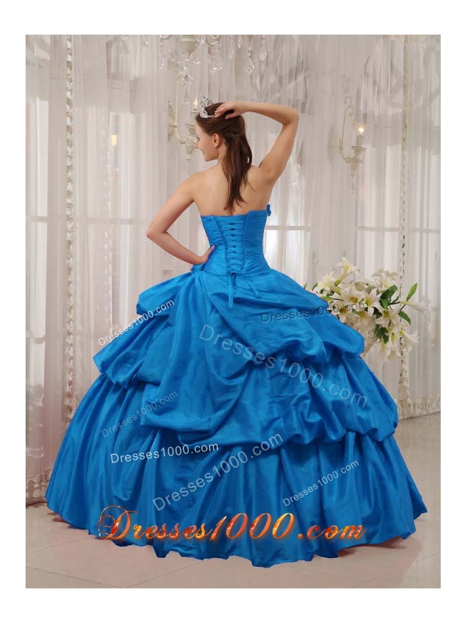 2014 Beautiful Quinceanera Dress in Teal Puffy Strapless with Beading and Pick-ups