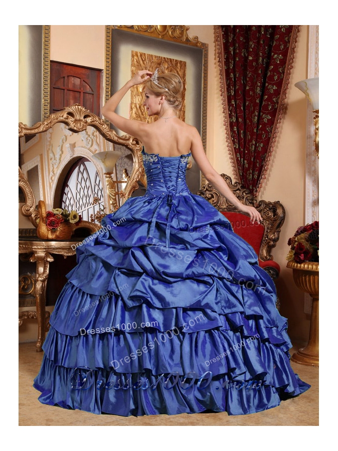 2014 Blue Puffy Strapless Appliques and Pick-ups Quinceanera Dresses with Ruffled ledLayers