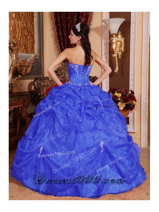 2014 Blue Puffy Sweetheart Beading Quinceanera Dress with Appliques and Pick-ups