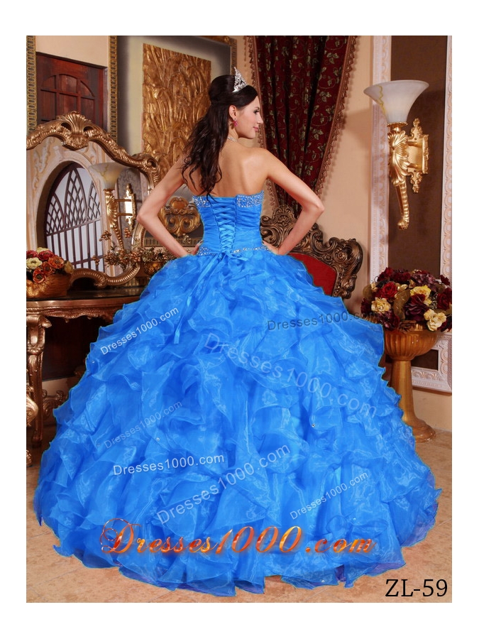 2014 Blue Puffy Sweetheart Beading Quinceanera Dress with Ruffles