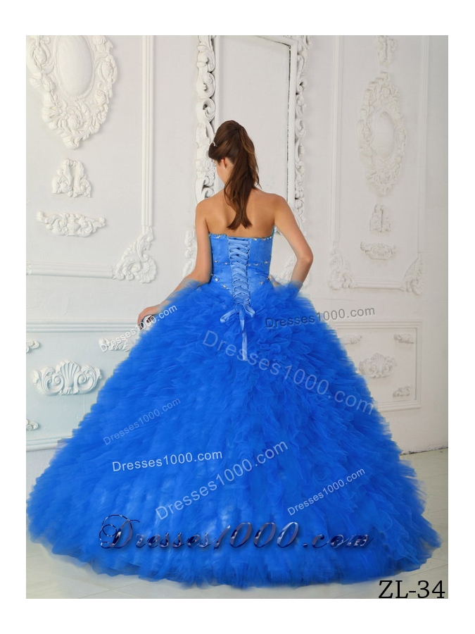 2014 Blue Puffy Sweetheart Satin and Organza Beading Quinceanera Dress