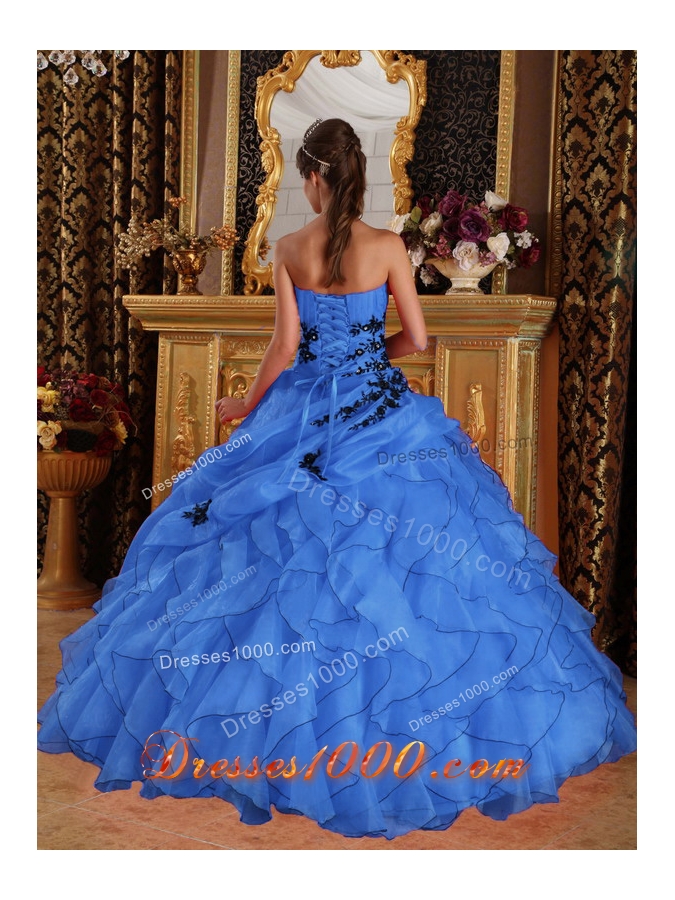 2014 Brand New Blue Puffy Sweetheart Appliques Quinceanera Dress with Ruffles